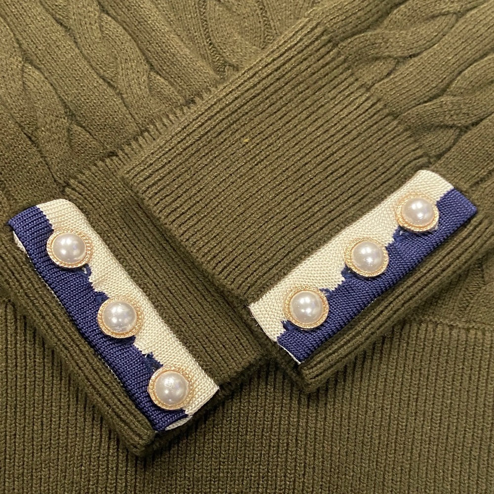 Talbots Olive V-Neck Sweater with Navy and Cream Accents - Picture 3 of 3